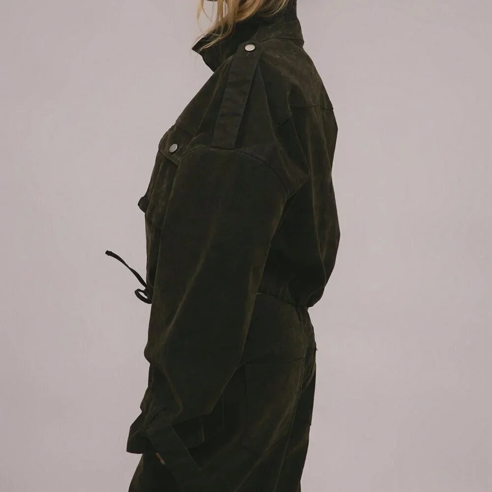 Army Green Casual Women's Velvet Denim Drawstring Cargo Jacket - Picture 5 of 9